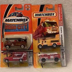 Fire Emergency Vehicles ~Ladder King Ambulance Bucket Fire Pumper Matchbox 4 ct